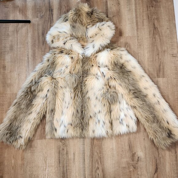 Vintage 90s Nine West Faux Fur Hooded Jacket Brown Spotted Y2K Mob Wife Glam M - Picture 5 of 10